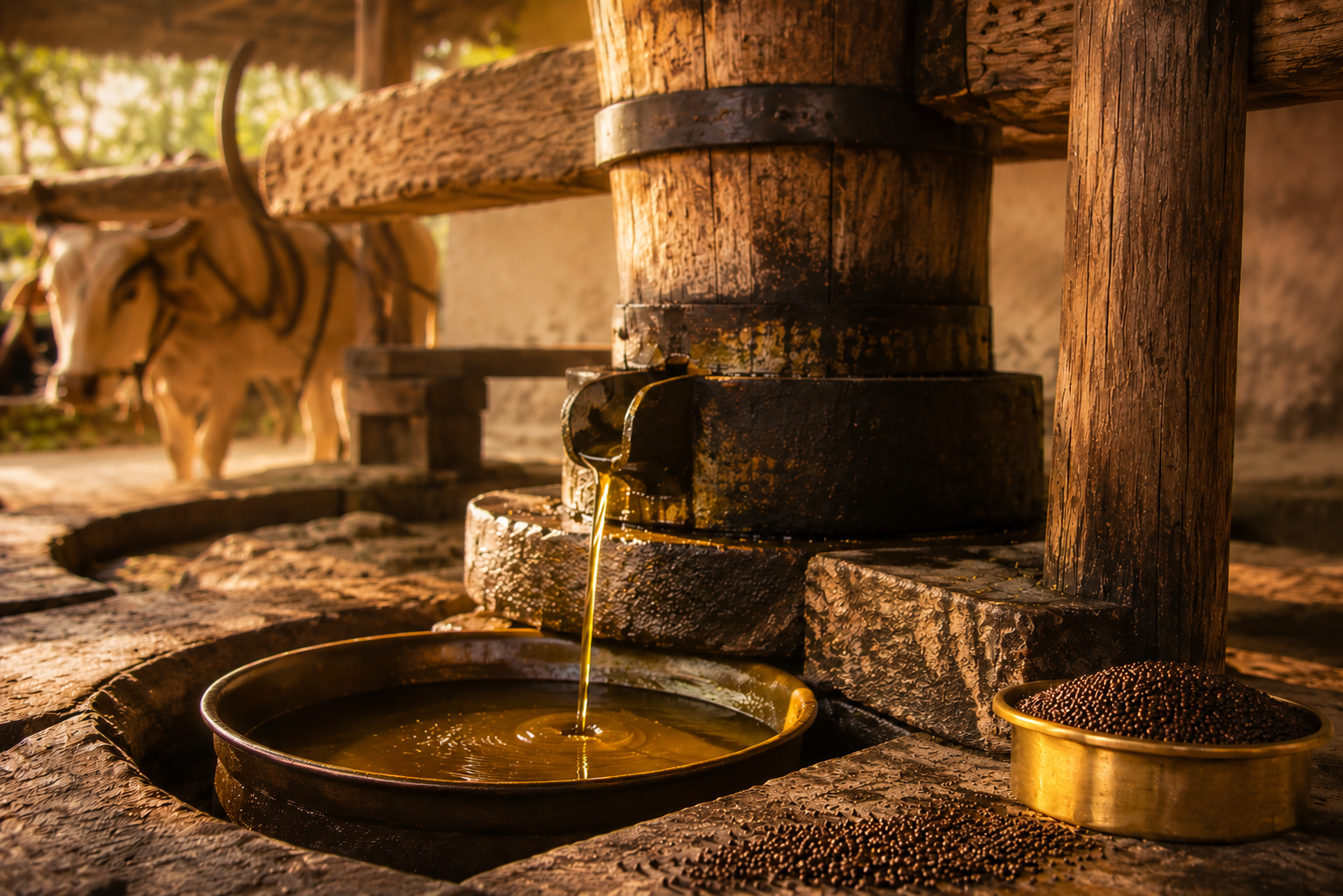 Cold-pressing in a traditional wooden kohlu